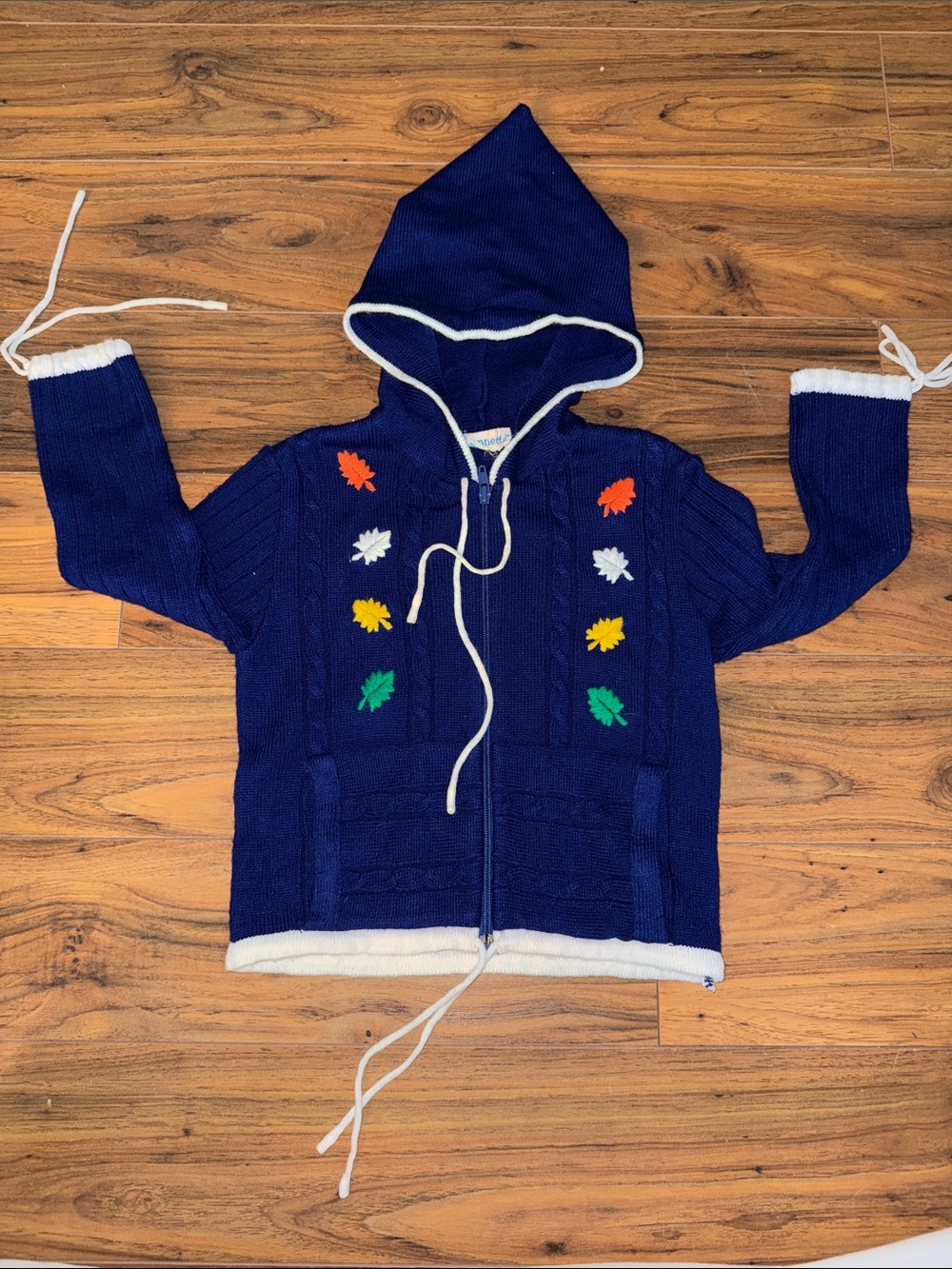 2-3T VTG Nanett Kids Navy Hooded Zip Sweater with Colorful Leaf Embroidery